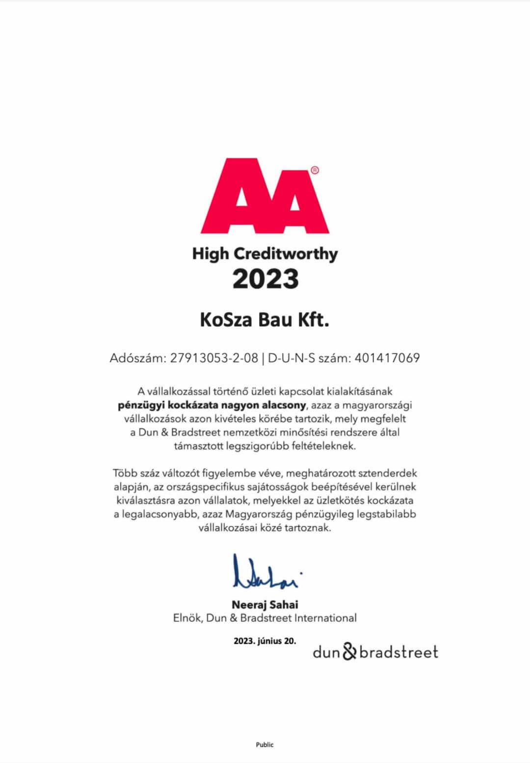 AA tanúsítvány 2023